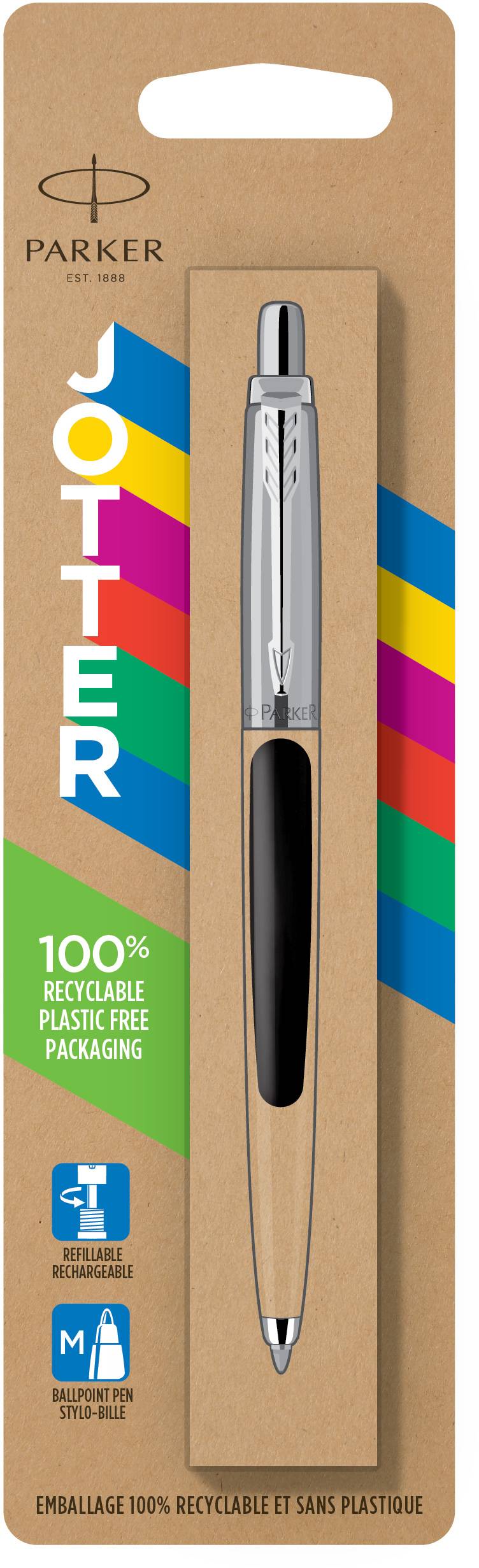 'Parker Jotter'-Kugelschreiber in recycelbarer, plastikfreier Verpackung. Zeigt silbernen Kugelschreiber mit schwarzem Griff.