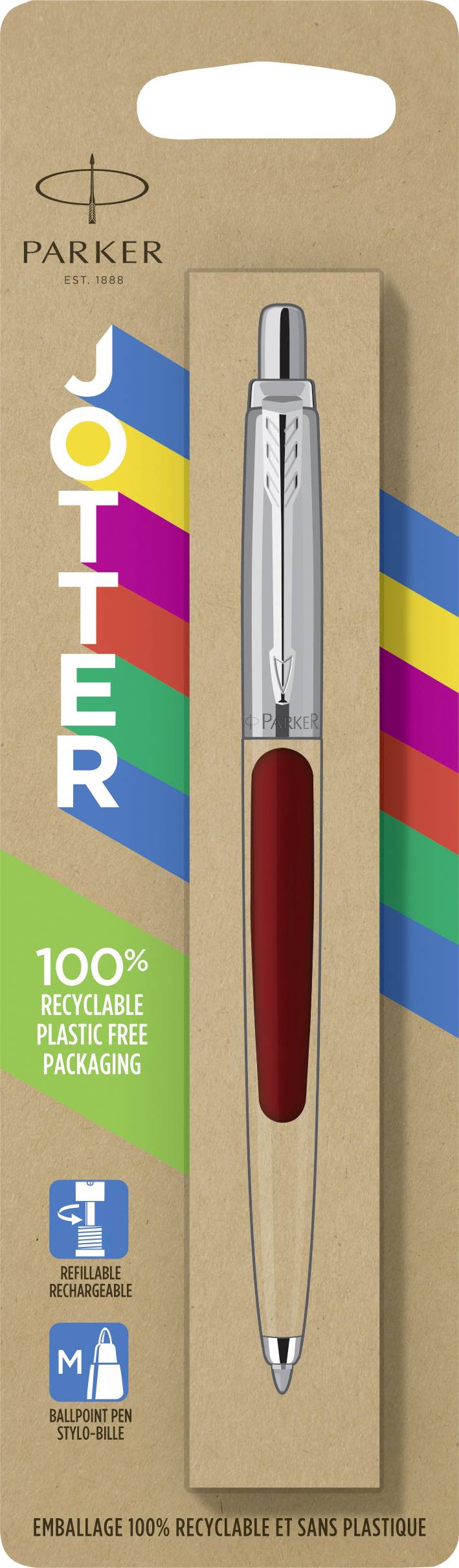 Parker Jotter Kugelschreiber mit rotem Griff, verpackt in umweltfreundlicher Hülle, betont 100% recycelbar und plastikfrei.