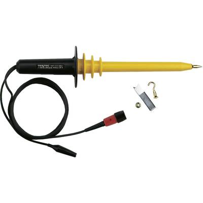 Gelbes und rotes Prüfgerät mit Kabel und Zubehör zur Spannungsmessung. Enthält Haken, Metallschraube und Klemmenaufsatz.