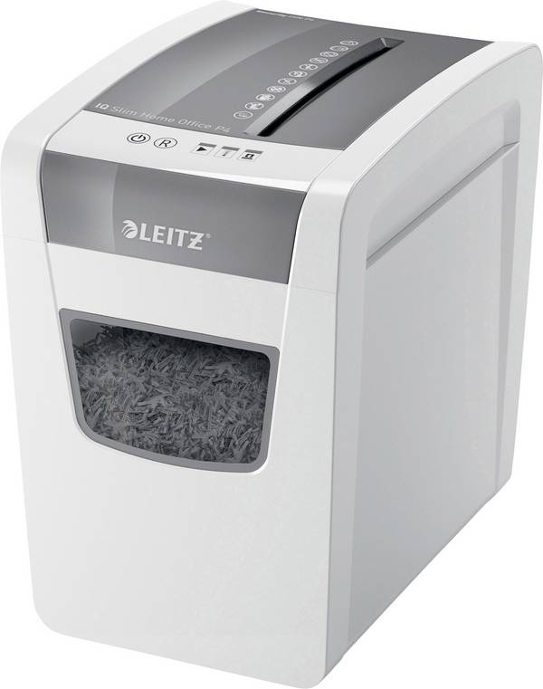 Leitz IQ Slim Home Office P4 Aktenvernichter 10 Blatt Partikelschnitt 4 x 28 mm P-4 23 l Vernichtet auch Heftklammern, Büroklammern