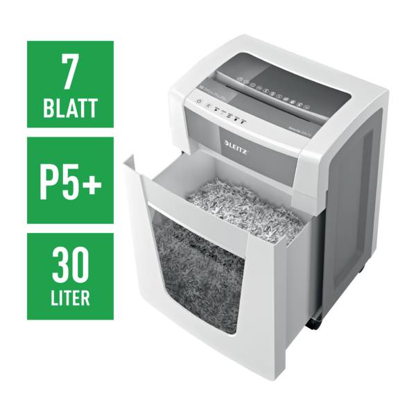 Ein weißer Aktenvernichter mit herausgezogenem Auffangbehälter, daneben Symbole: '7 Blatt', 'P5+', '30 Liter'.