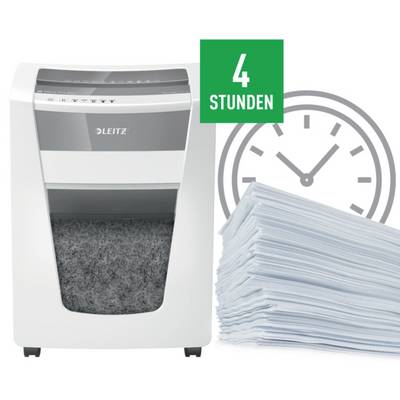 Aktenvernichter mit großer Papierstapel daneben, im Hintergrund ein Uhrsymbol mit grünem Schild '4 Stunden'.
