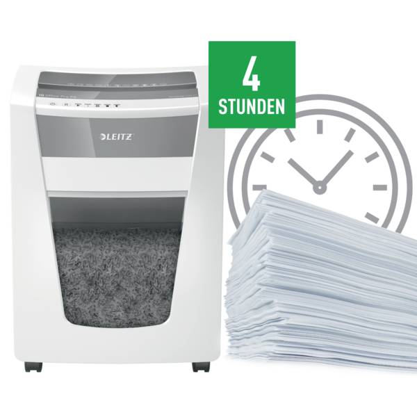 Aktenvernichter neben Stapel geschredderter Papiere und Uhr-Symbol mit '4 Stunden', das Betriebsdauer symbolisiert.