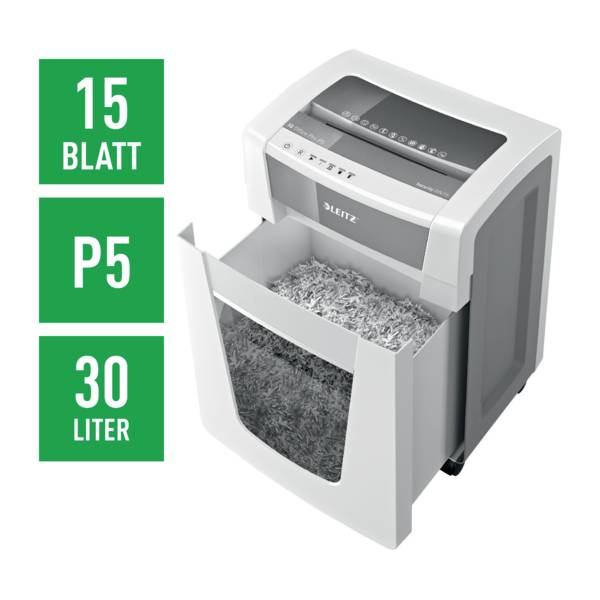 Der Aktenvernichter zeigt eine geöffnete Schublade mit geschreddertem Papier. Auf der linken Seite stehen '15 Blatt', 'P5', '30 Liter'.