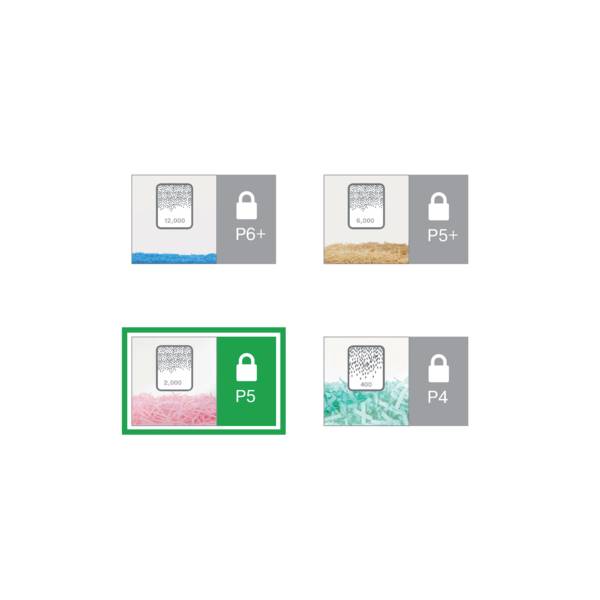Vier Quadrate zeigen Partikelbeispiele für Datenschutzstufen: P6+, P5+, P5, und P4. P5 ist hervorgehoben mit rosa Partikeln.