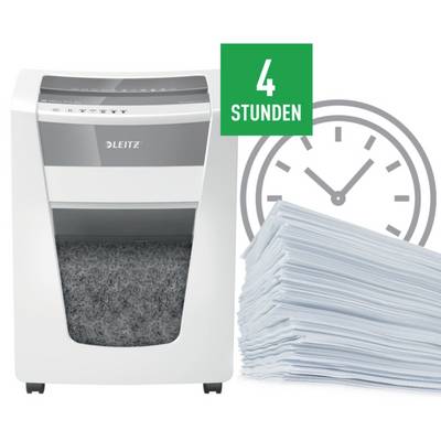 Schredder und Uhrsymbol, das Dauer von 4 Stunden anzeigt, daneben ein Stapel geschreddertes Papier.