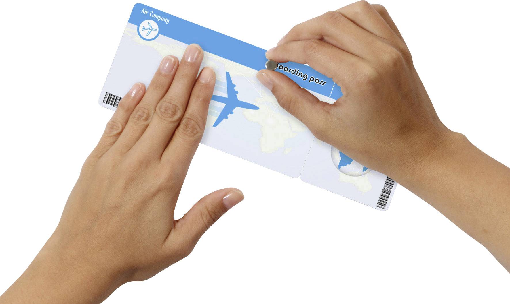 Hände halten ein Rubbel-Los mit einem Flugzeugmuster. Eine Hand reibt über die Karte, um ein verborgenes Feld freizulegen.