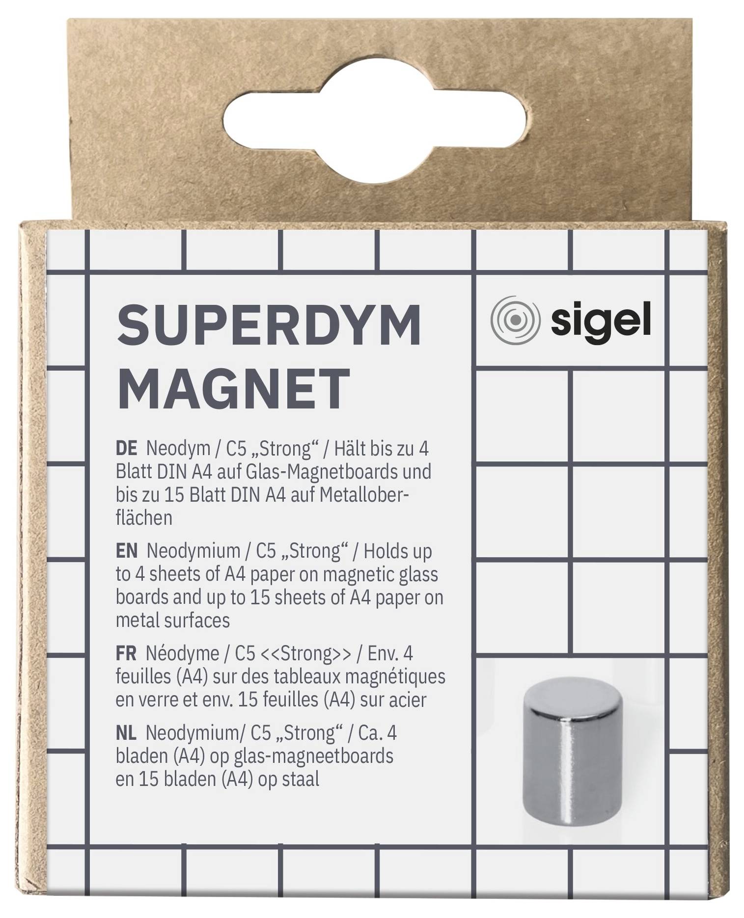 Packung von Sigel 'SUPERDYM MAGNET' Neodym-Magnet, gekennzeichnet zum Halten von bis zu 4 A4-Blättern auf Glastafeln oder 15 auf Metalloberflächen.