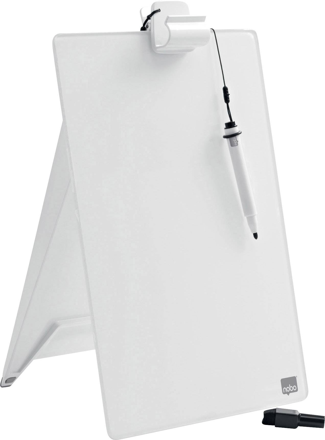Ein kleines, weißes Tisch-Flipchart mit einem Filzstift an der Seite befestigt. Ideal für Präsentationen oder Notizen.