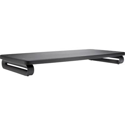 Ein schwarzer Monitorständer aus Metall mit modernem Design, ideal zum Erhöhen eines Computermonitors auf einem Schreibtisch.