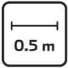 Ein quadratisches Schild mit einem horizontalen Doppelpfeil darüber. Darunter steht '0,5 m', was eine Breite oder Abstand angibt.