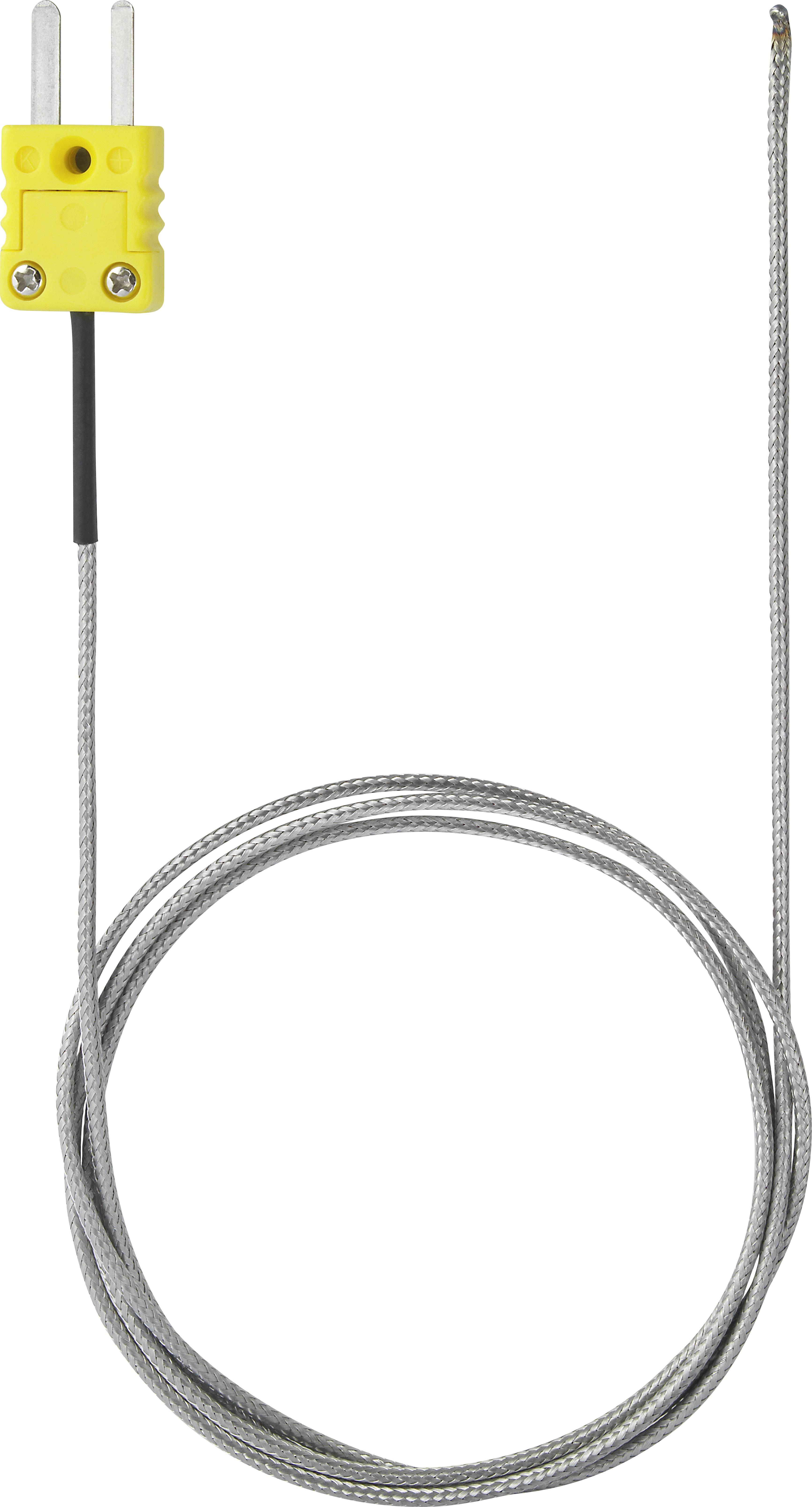 Ein gelber Thermoelement-Stecker mit grauem, gewickeltem Kabel, das für Temperaturmessungen verwendet wird.