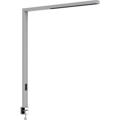 Schreibtischlampe mit modernem, schlanken Design, silbernem Metallsockel und -arm, geeignet zum Anklippen an Tischkanten.