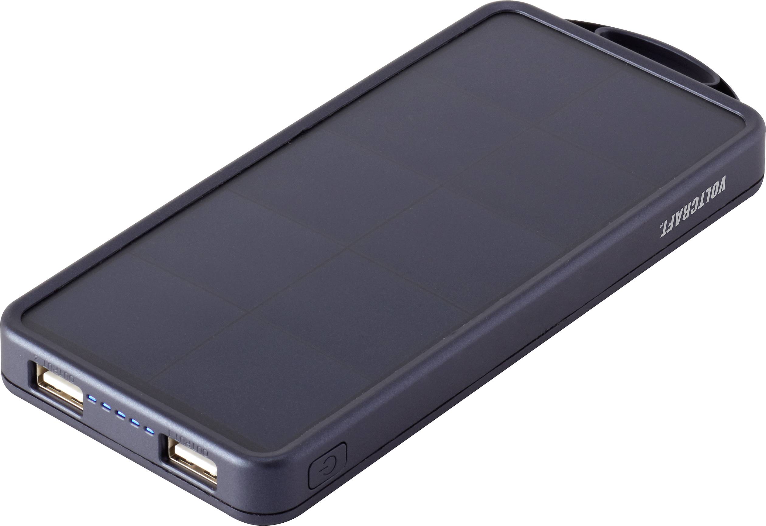 'Schwarze Powerbank mit zwei USB-Anschlüssen und Ladestatusanzeigeleuchten auf der Oberseite.'