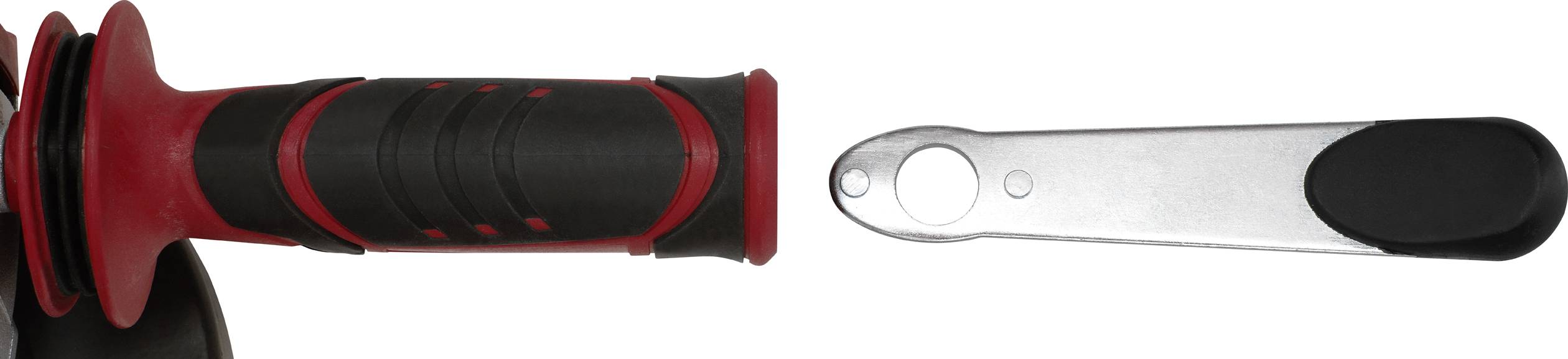 'Fahrradlenker mit schwarzem, gepolstertem Griff und rot-schwarzen Akzenten. Rechts daneben ein silbernes Werkzeug mit schwarzer Gummispitze.'