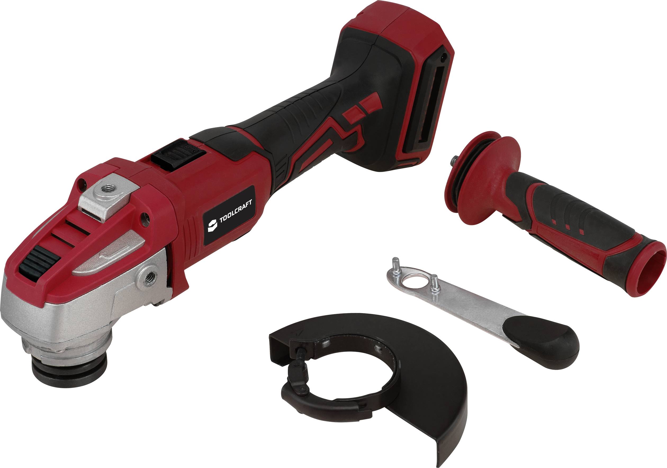 Roter und schwarzer Akku-Winkelschleifer mit abnehmbarem Griff, Schutzabdeckung und Spannschlüssel, geeignet für Heimwerkerarbeiten.
