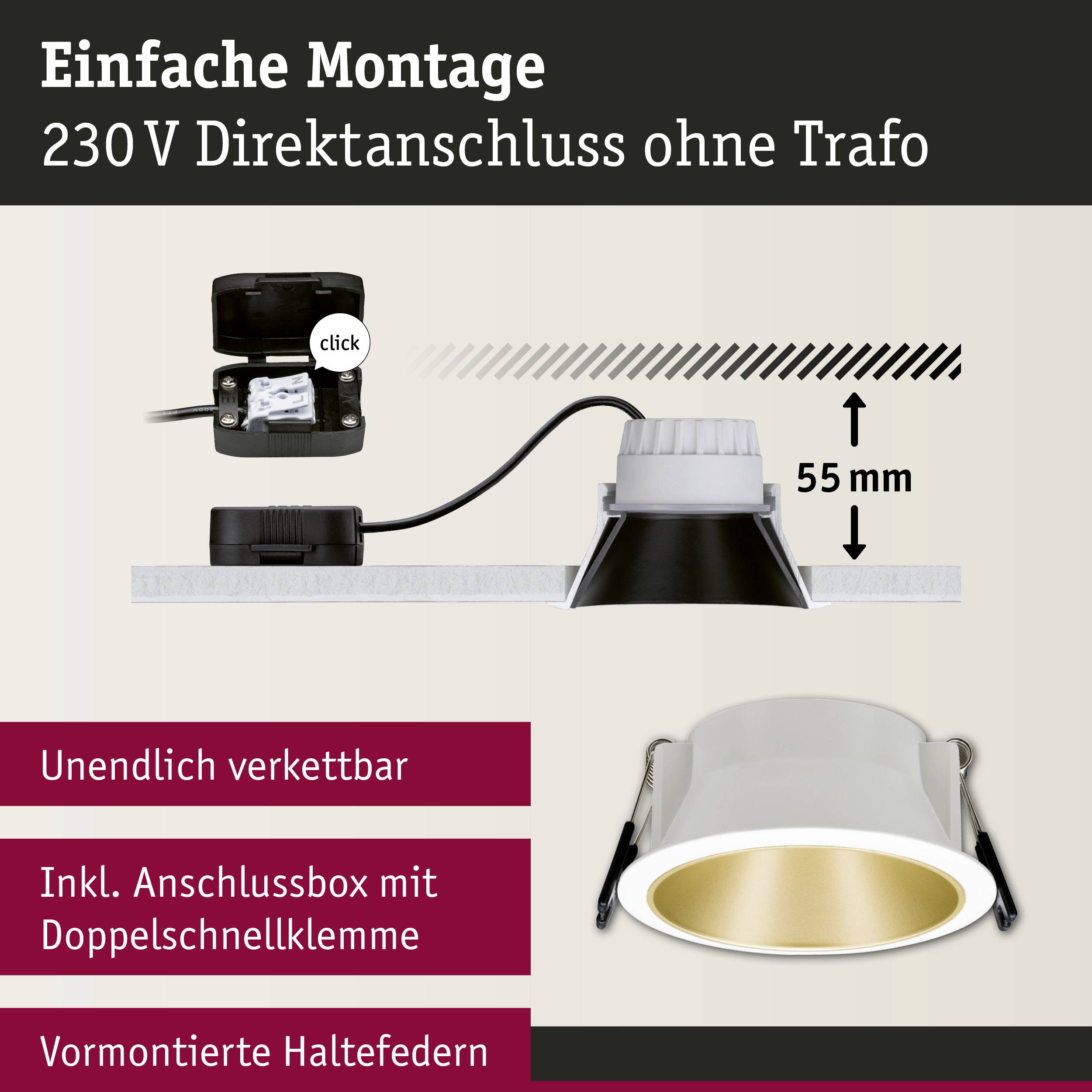 'Einfache Montage: 230 V Direktanschluss ohne Trafo, 55 mm Höhe. Unendlich verkettbar, inkl. Anschlussbox mit Doppelschnellklemme.'