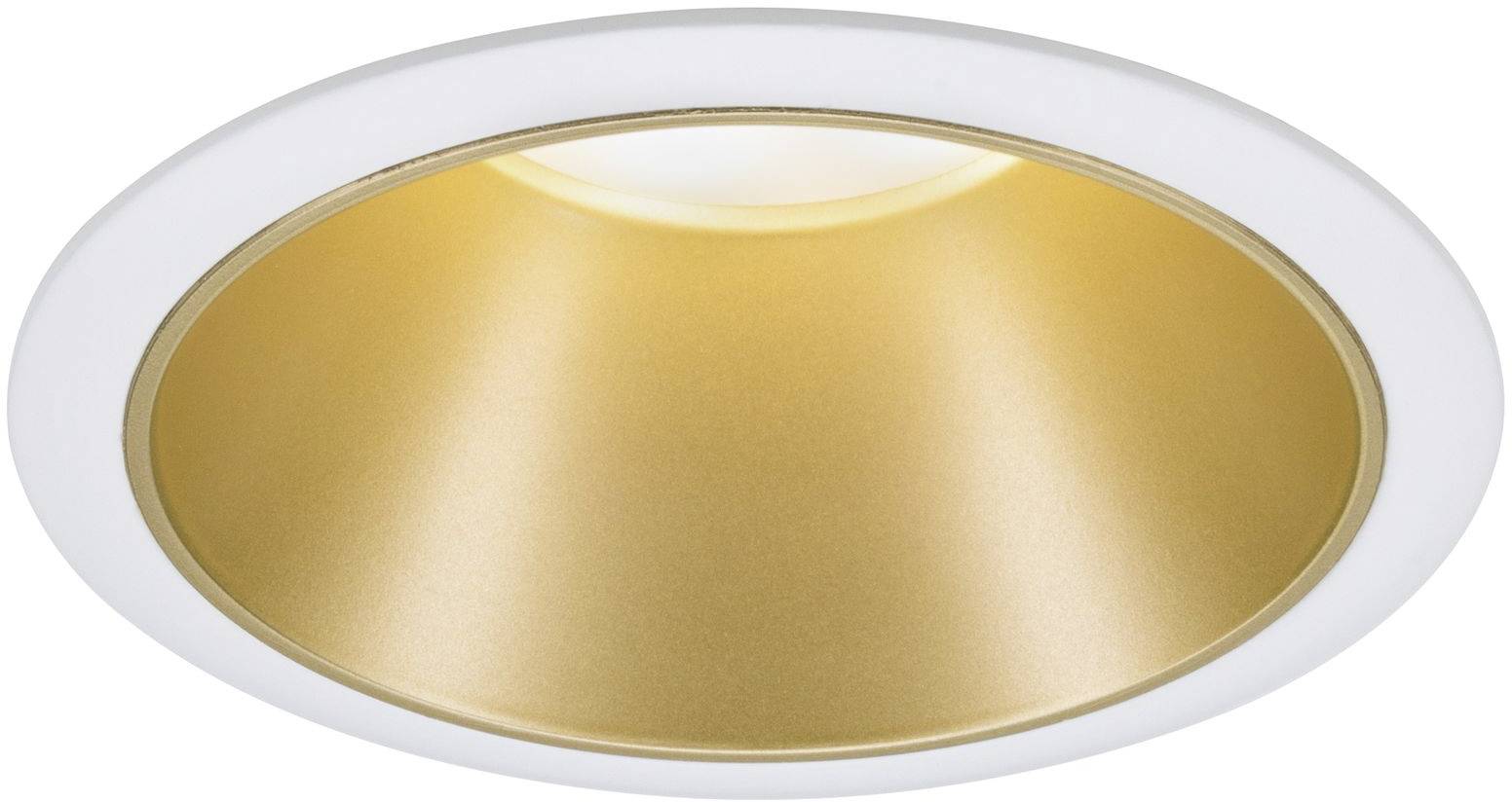 Runde, weiße Einbauleuchte mit goldenem Innenreflektor, strahlt warmes Licht nach unten ab. Geeignet für moderne Wohnräume.