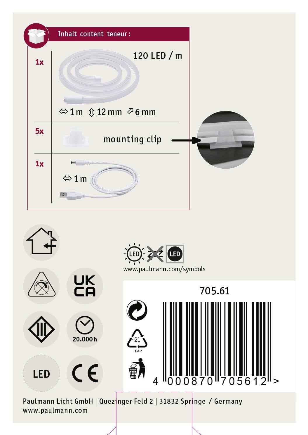 'LED-Streifen-Set mit Zubehör: 120 LEDs pro Meter, 12mm Breite, 6mm Höhe. Inklusive 5 Befestigungsclips und 1m Kabel. Artikelnummer 705.61.'