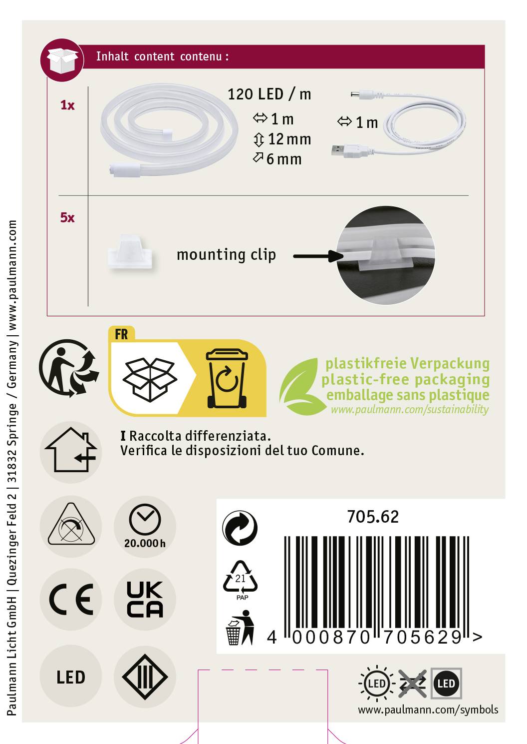 'Inhalt: 1x LED-Lichtband 120 LED/m, 12 mm, 6 mm. 5x Montageclip. Plastikfreie Verpackung. Hinweise zur Mülltrennung vorhanden.'