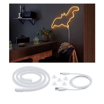 'Neon-Wandleuchte in Form einer Fledermaus' leuchtet auf dunkler Wand. Darunter USB-Kabel-Set und Halterungen abgebildet. Moderner Raum.