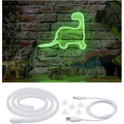 Ein grünes Dinosaurier-Neonlicht an einer Ziegelwand, umgeben von Dinosaurierfiguren. Darunter liegt ein USB-Kabel mit Zubehör.