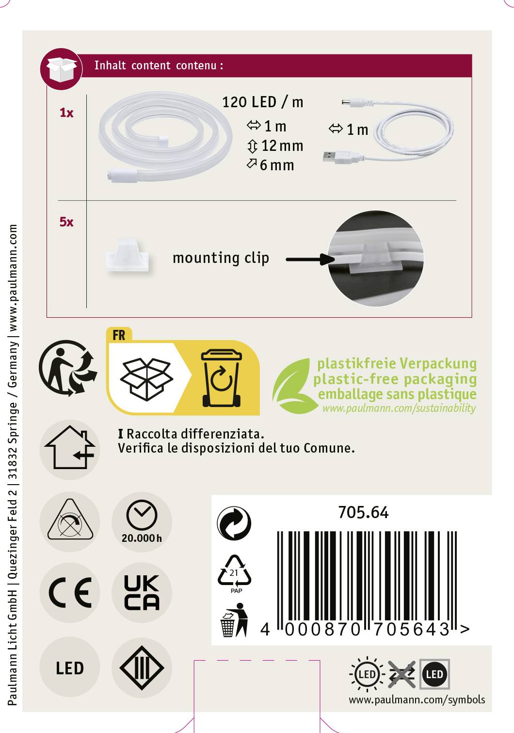 'LED-Strip 120 LEDs/m, Länge 1 m, Durchmesser wählbar: 1 mm, 12 mm, 6 mm. Enthält 5 Befestigungsklammern. Plastikfreie Verpackung.'