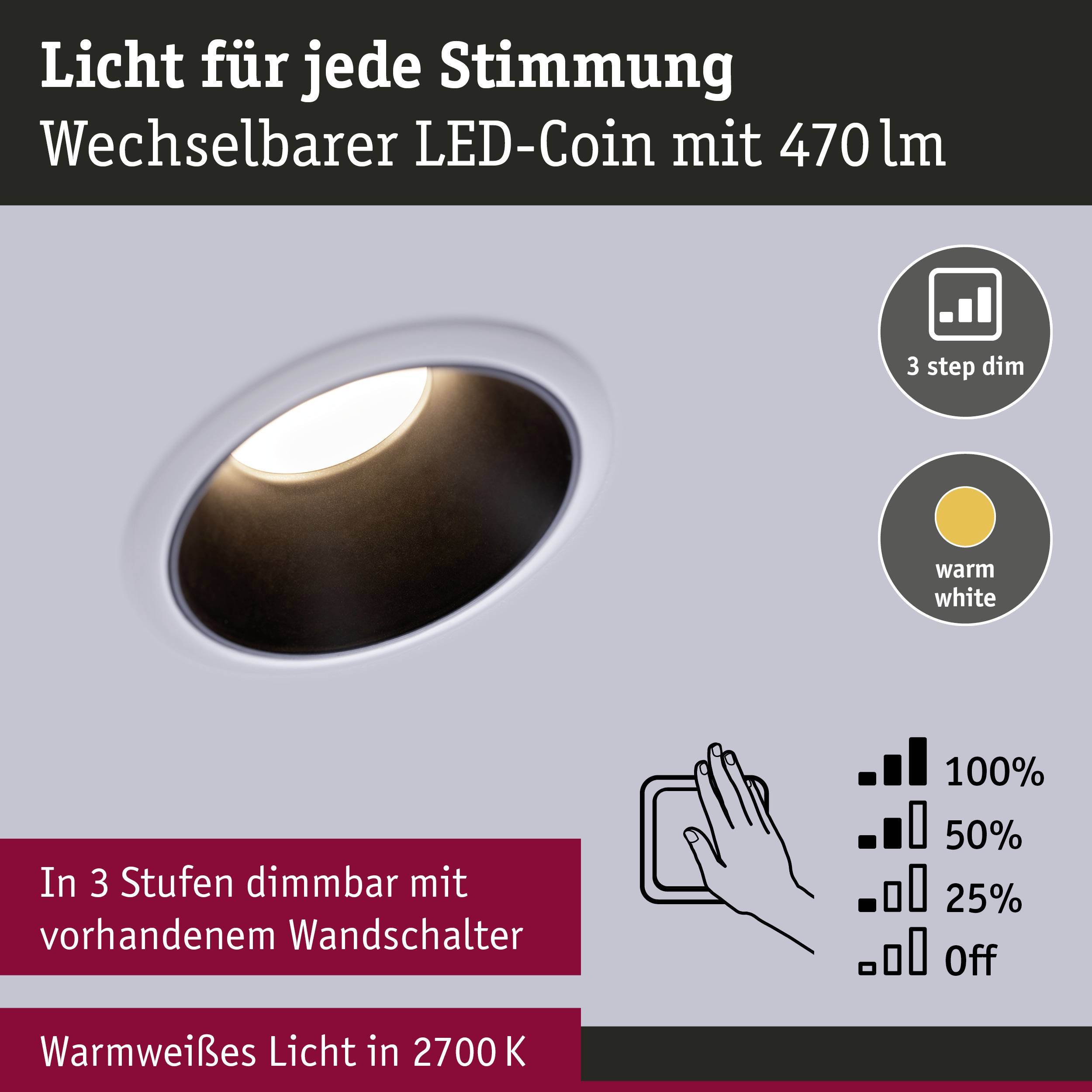 Weißer LED-Spot, dreistufig dimmbar, 470 Lumen, warmweißes Licht 2700K, dimmbar mit Wandschalter, zeigt Hand und Dimmstufenanzeige.