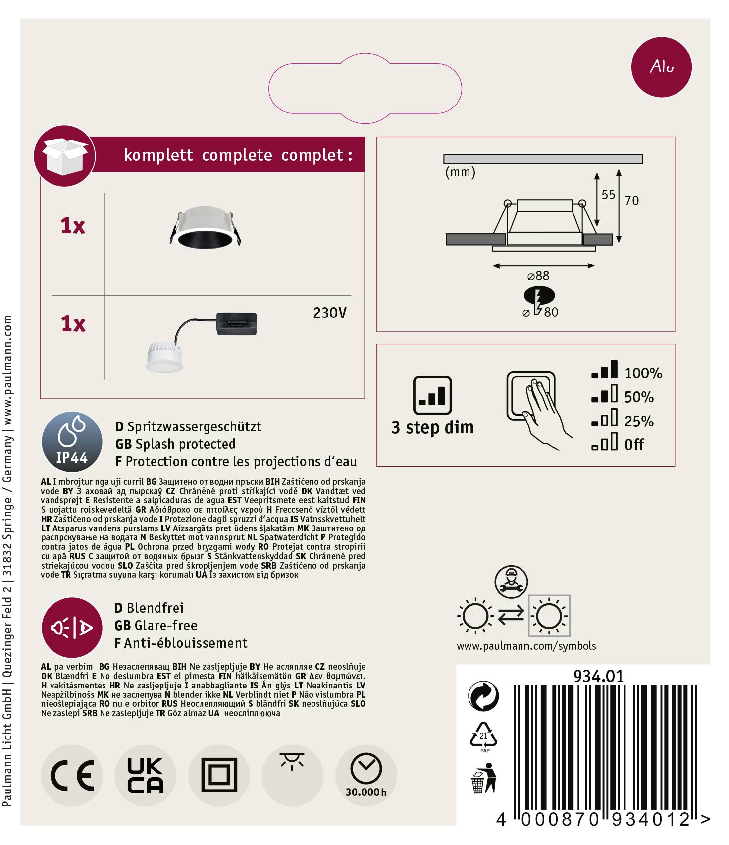 'Produktverpackung eines LED-Einbaustrahlers. Enthält Abbildung des Produkts, 230V-Anschluss, Details zu IP44-Spritzwasserschutz und blendfreiem Licht. Energieeffizienz-Symbole enthalten.'