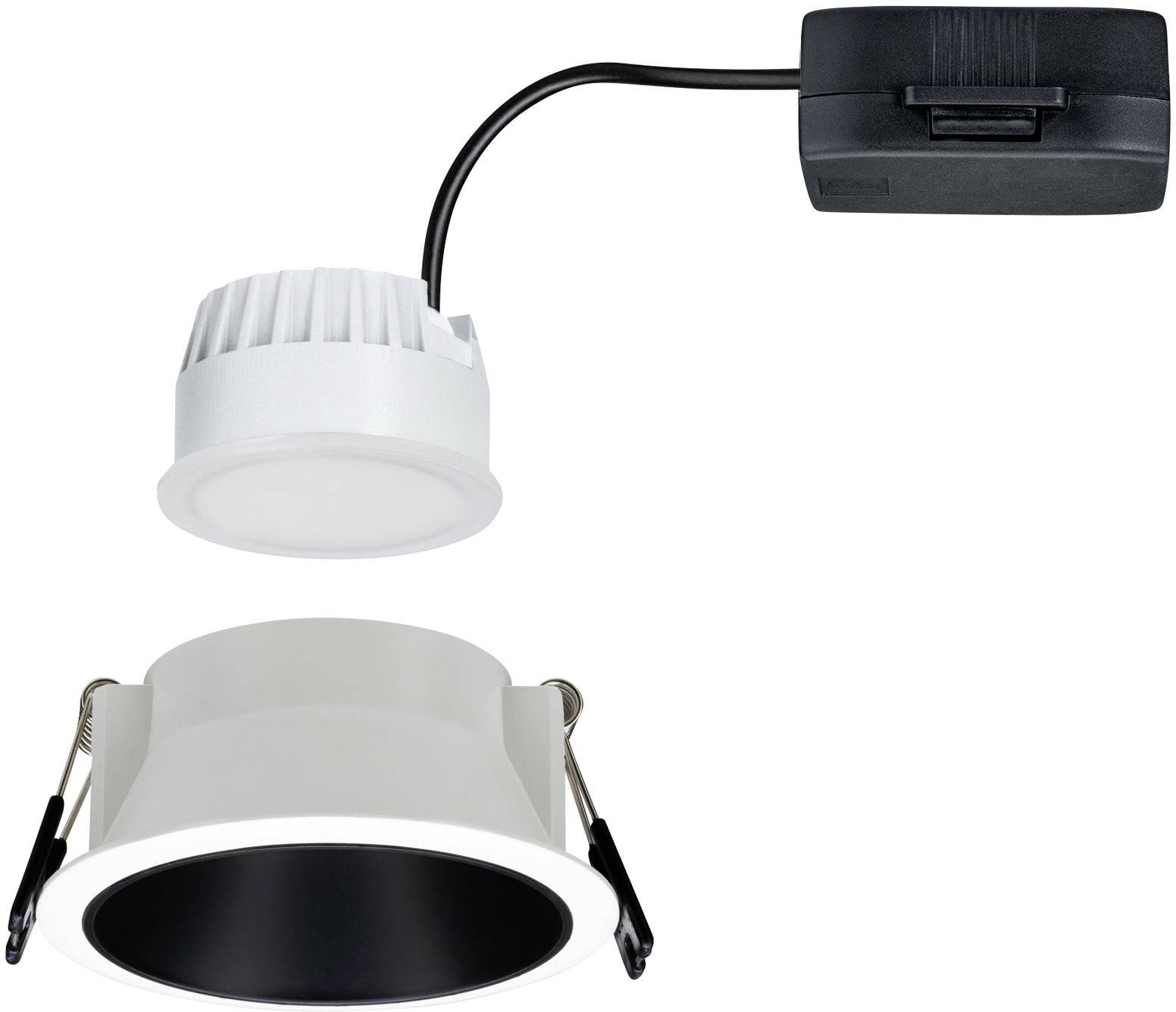 Ein LED-Deckeneinbaustrahler mit weißem Gehäuse und schwarzem Stromanschluss, geeignet für moderne Innenbeleuchtung.