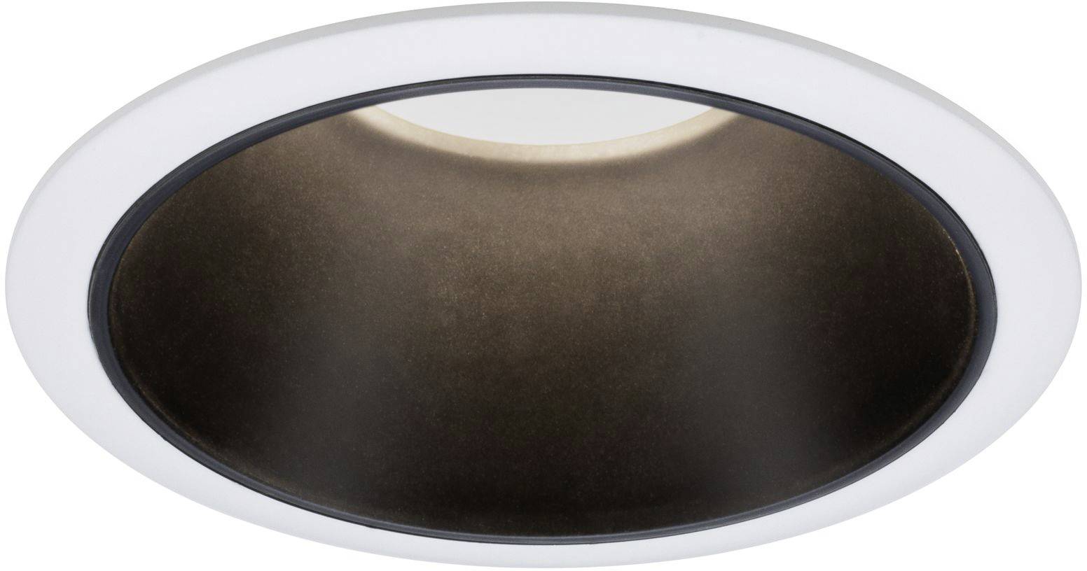 Deckeneinbaulampe mit rundem, schwarzem Inneren und weißem äußeren Rand.