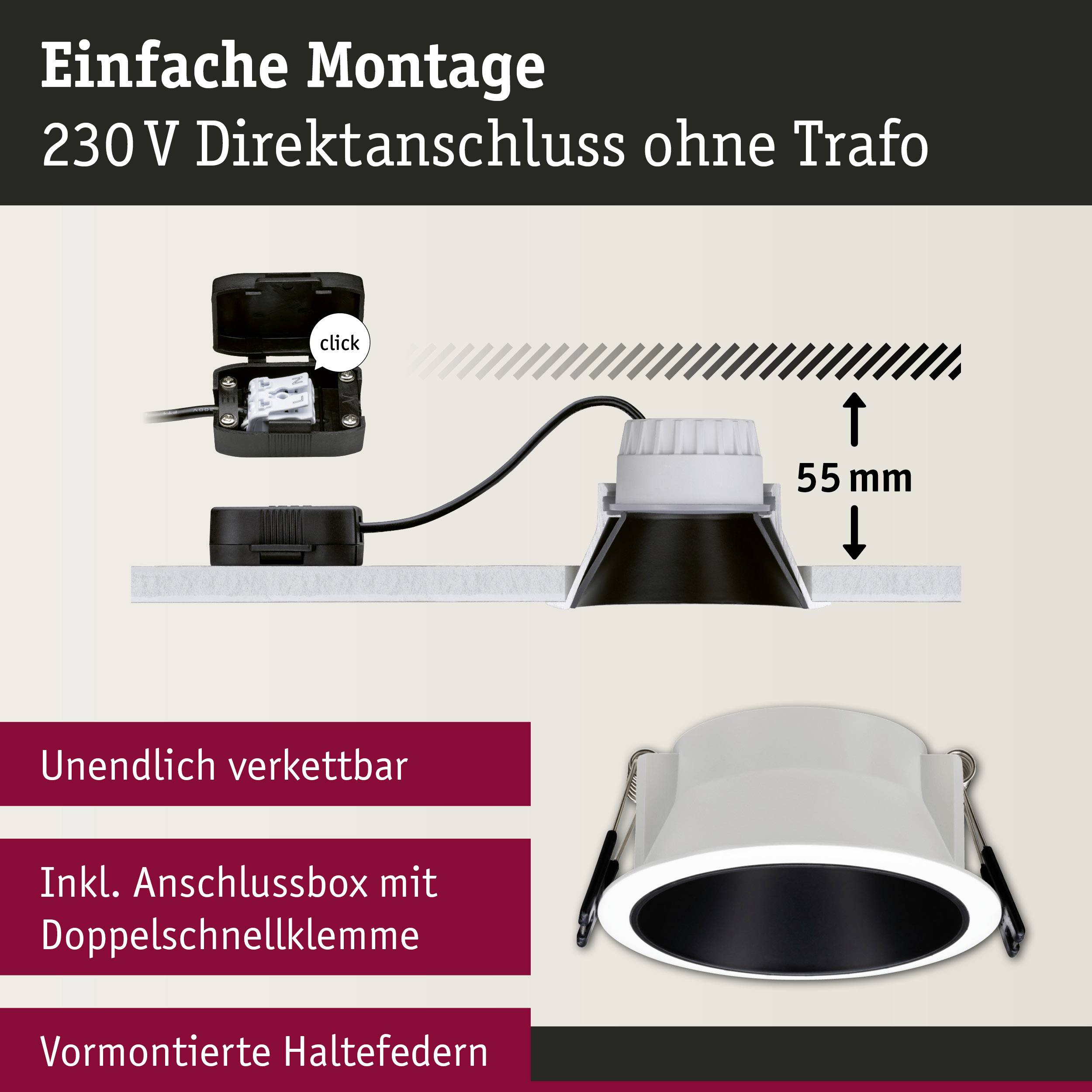 Einfache Montageanleitung für Deckenlicht, direkter 230V-Anschluss ohne Trafo, verkettbar, mit Anschlussbox und Haltefedern.