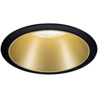 Einbau-Deckenleuchte mit goldener Innenseite und schwarzem Rand, leuchtet warmes Licht aus. Geeignet für elegante Raumgestaltung.