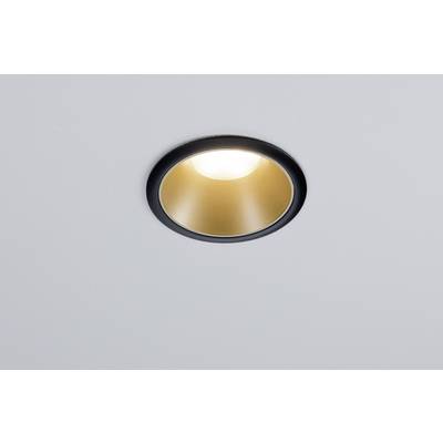 Deckenlampe mit schwarzem Rahmen und goldener Innenfläche strahlt warmes Licht aus einer weißen Decke.