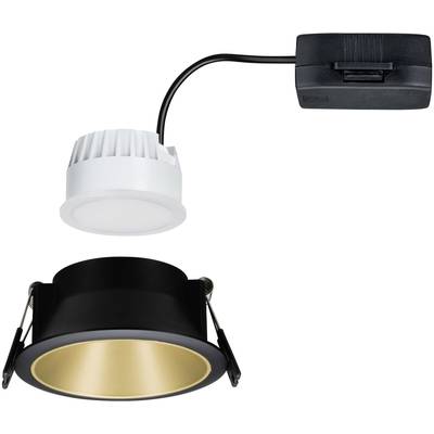 Einbaustrahler mit weißem LED-Modul und schwarzer Fassung, verbunden mit einem schwarzen Transformator.