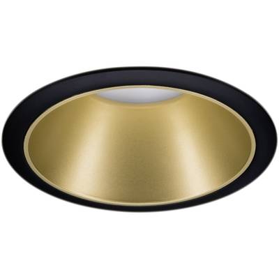 Ein Deckeneinbauspot mit schwarzer Außenkante und goldfarbener Innenschale, die das Licht abstrahlt.