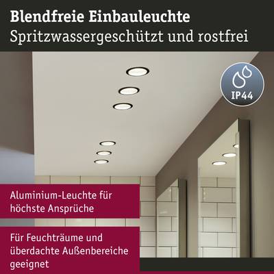 Aluminium-Einbauleuchte, spritzwassergeschützt und rostfrei, geeignet für Feucht- und Außenbereiche, mit IP44-Zertifizierung.