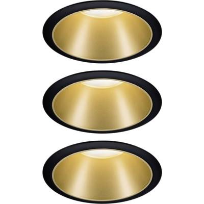 Drei runde Einbaudeckenleuchten mit goldfarbenen Reflektoren und schwarzen Rändern, ausgerichtet in einer vertikalen Reihe.