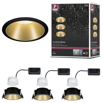'3x 470 lm LED Set' von Paulmann, bestehend aus drei schwarzen LED-Einbaustrahlern mit goldenen Innenflächen, verpackt im Karton. Ideal für Feuchträume.