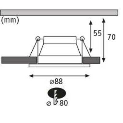 Diagramm zeigt Einbauleuchte. Maße: Höhe 70 mm, Einbaudurchmesser 80 mm. Gesamtbreite 88 mm. Zeigt Tiefe und Montageort der Leuchte.