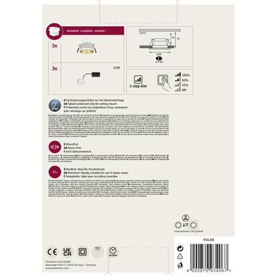 Verpackungsrückseite einer Deckenleuchte mit Montageanleitung auf Deutsch und Englisch. Enthält Symbole für Spannung, Dimmer und Schutzart.