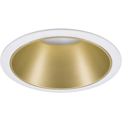 Einbauleuchte mit weißem Rahmen und goldener Innenverkleidung. Sie strahlt nach unten gerichtetes Licht aus und ist dekorativ.