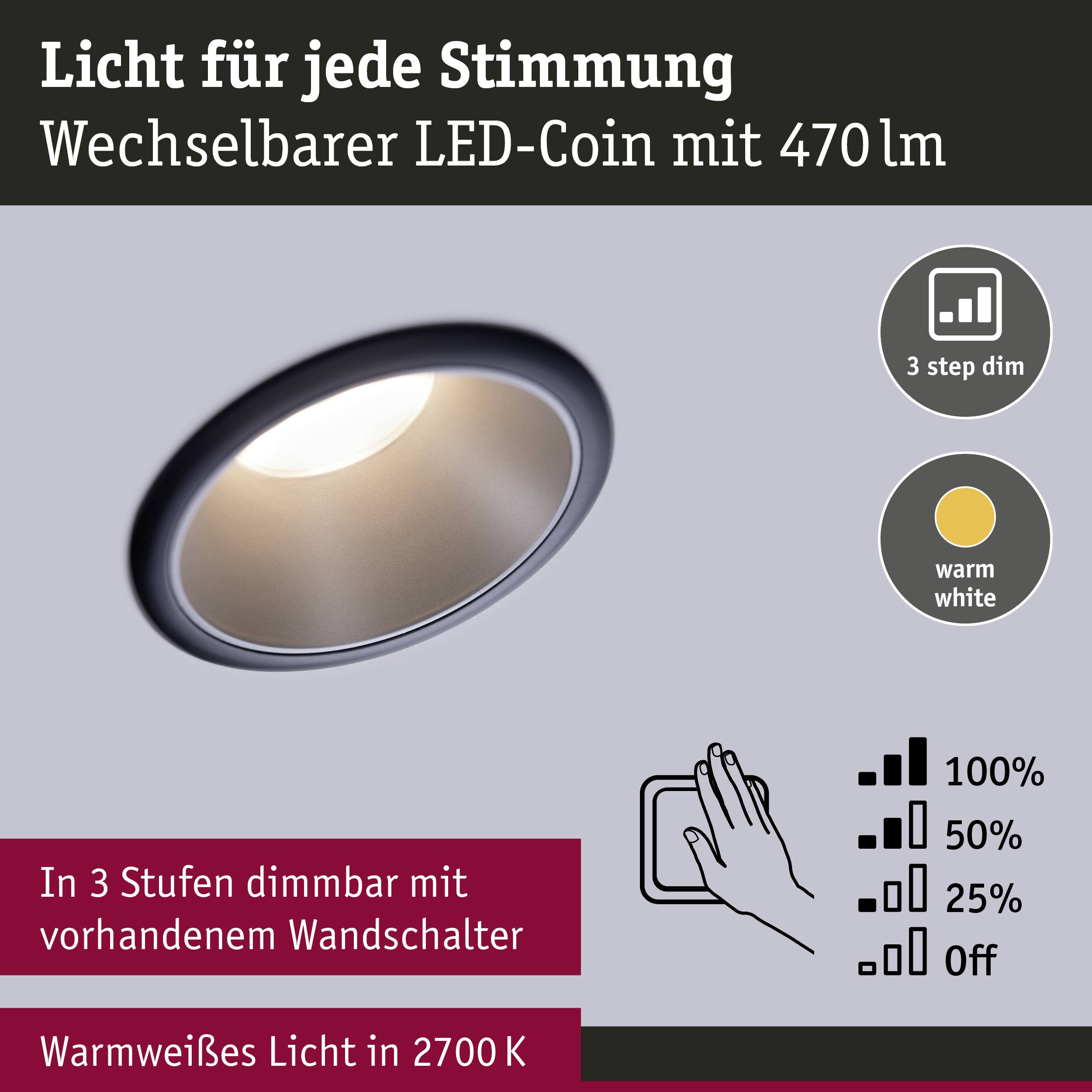 Weißer LED-Spot für Wandmontage, dimmbar in drei Stufen mit vorhandenem Wandschalter. Warmweißes Licht bei 2700 K und 470 lm.