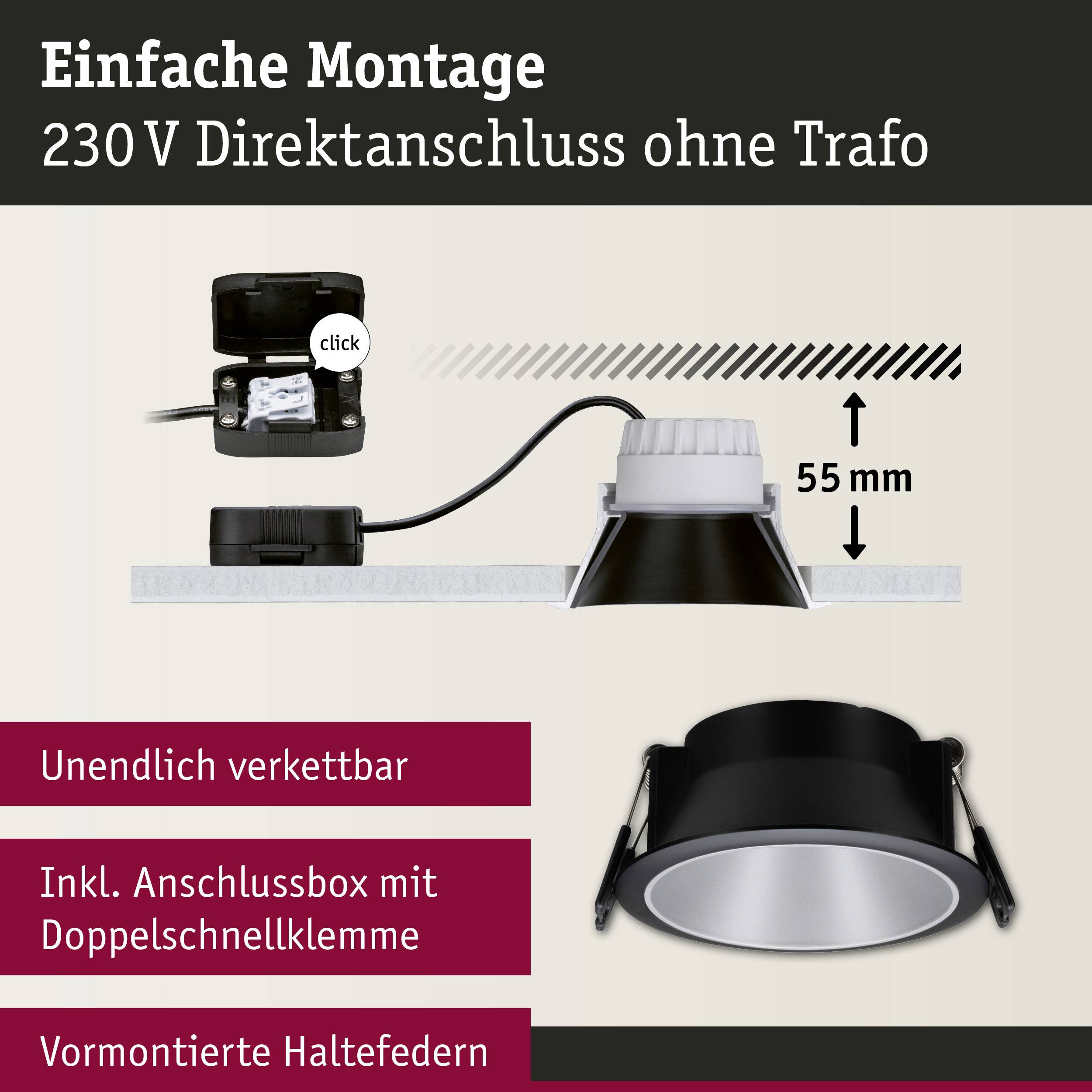 'LED-Spot mit Anschlussbox, einfacher 230V Direktanschluss ohne Trafo, 55mm Einbautiefe, unendlich verketten möglich.'