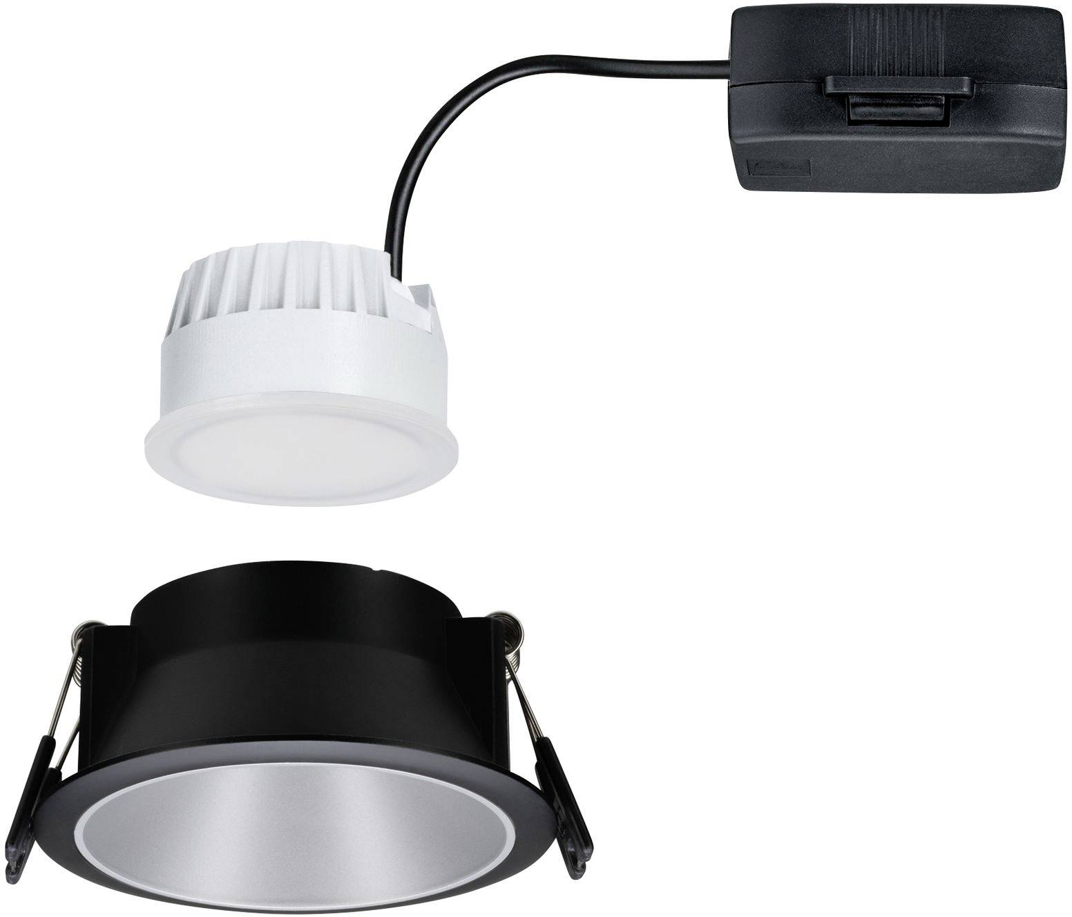 Einbaustrahler mit abgerundetem, schwarzem Gehäuse und weißem Leuchteinsatz, verbunden mit einem externen, schwarzen Adapter.