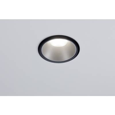 Deckeneinbauleuchte mit schwarzem Rand, eingebaut in eine weiße Decke, strahlt weiches, diffuses Licht aus.