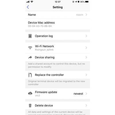 Anzeige der Geräteeinstellungen mit MAC-Adresse, WLAN-Netzwerk 'Risingsun_tplink', Optionen für Betrieb, Freigabe, Firmware-Update und Löschen.