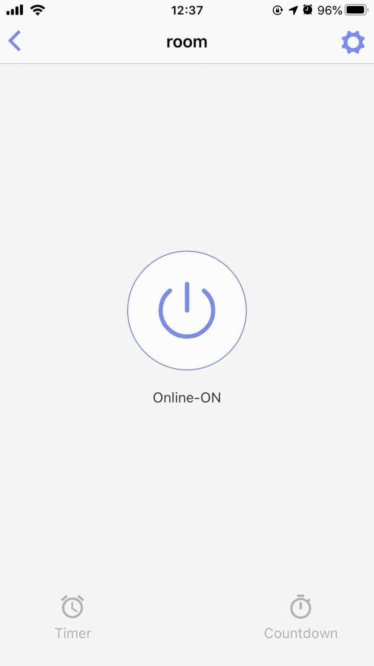 Ein Kreis mit einem Ein-/Ausschalt-Symbol und der Beschriftung 'Online-ON' in der Mitte des Bildschirms. Timer- und Countdown-Symbole unten.