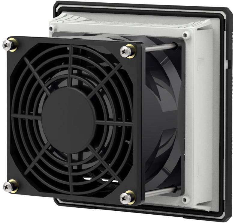 Ein quadratischer Kühlventilator mit Schutzgitter und Schrauben in jeder Ecke, montiert auf einem rechteckigen Rahmen.