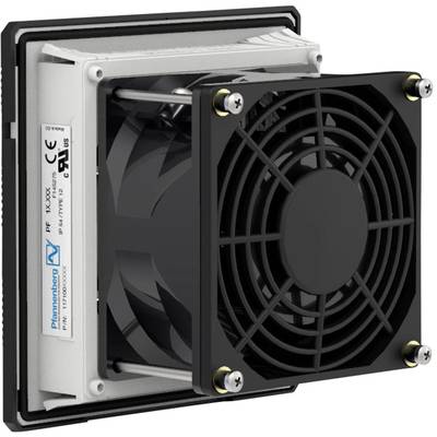 Ein schwarzer Ventilator mit Schutzgitter, montiert in einem rechteckigen Metallrahmen.